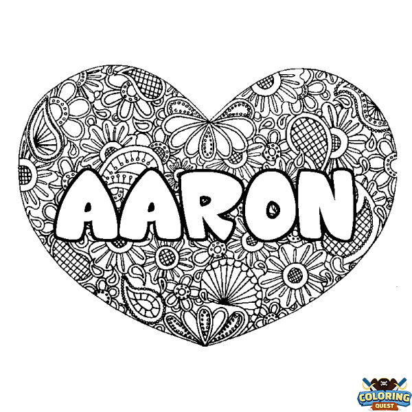 Coloring page first name AARON - Heart mandala background