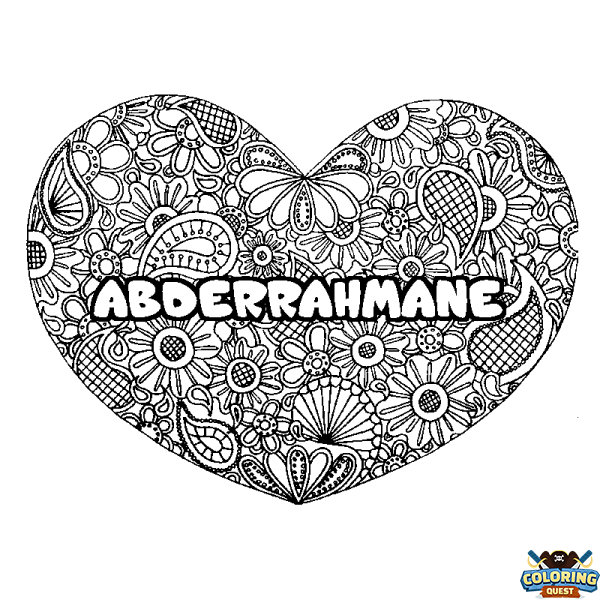 Coloring page first name ABDERRAHMANE - Heart mandala background