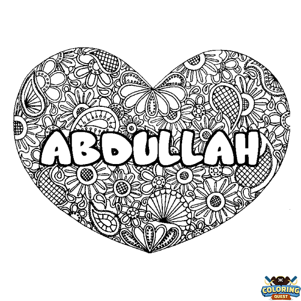 Coloring page first name ABDULLAH - Heart mandala background