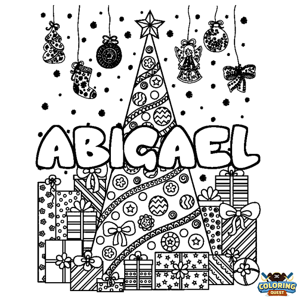 Coloring page first name ABIGAEL - Christmas tree and presents background