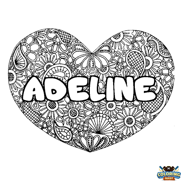 Coloring page first name ADELINE - Heart mandala background