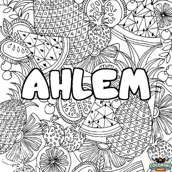 Coloring page first name AHLEM - Fruits mandala background