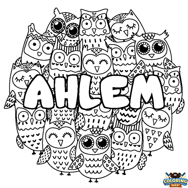 Coloring page first name AHLEM - Owls background