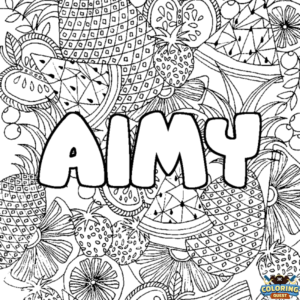 Coloring page first name AIMY - Fruits mandala background