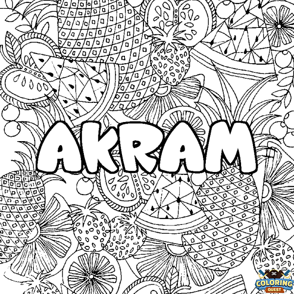 Coloring page first name AKRAM - Fruits mandala background