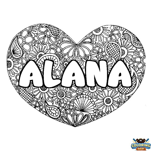 Coloring page first name ALANA - Heart mandala background