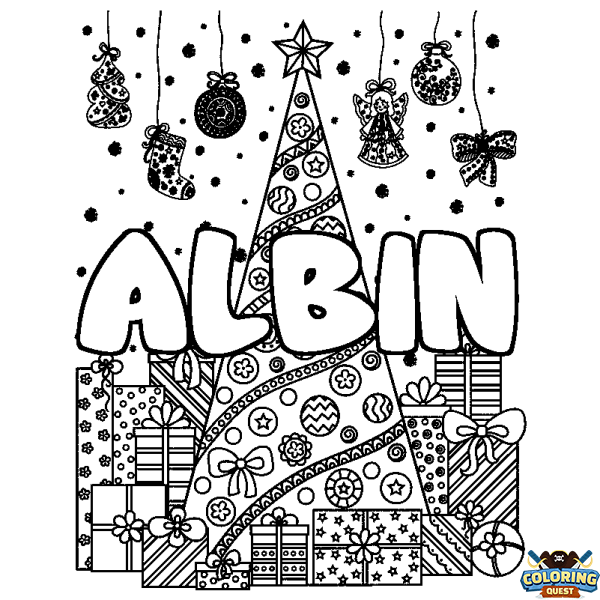 Coloring page first name ALBIN - Christmas tree and presents background