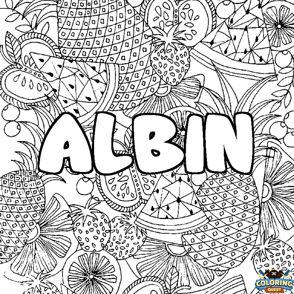 Coloring page first name ALBIN - Fruits mandala background