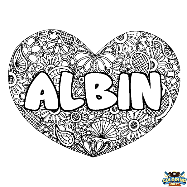 Coloring page first name ALBIN - Heart mandala background