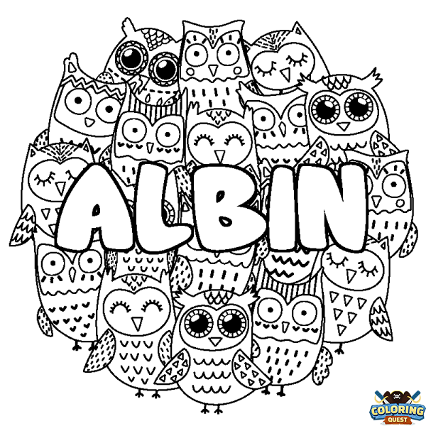 Coloring page first name ALBIN - Owls background