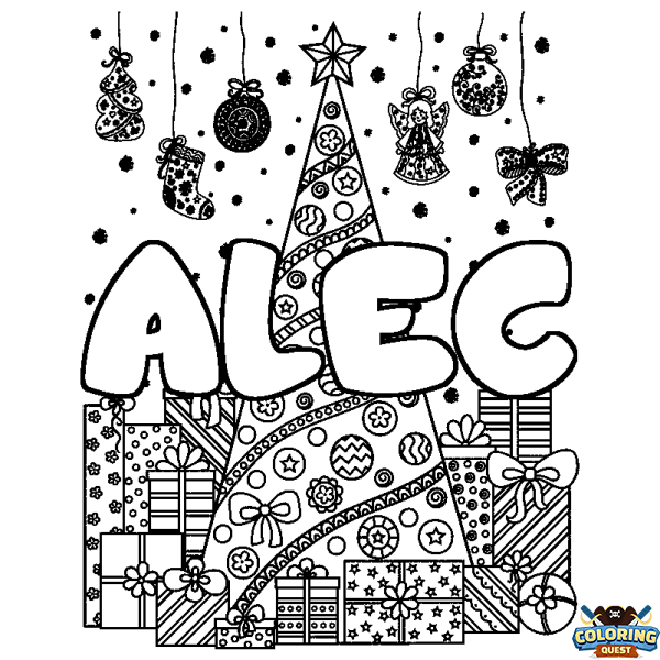 Coloring page first name ALEC - Christmas tree and presents background