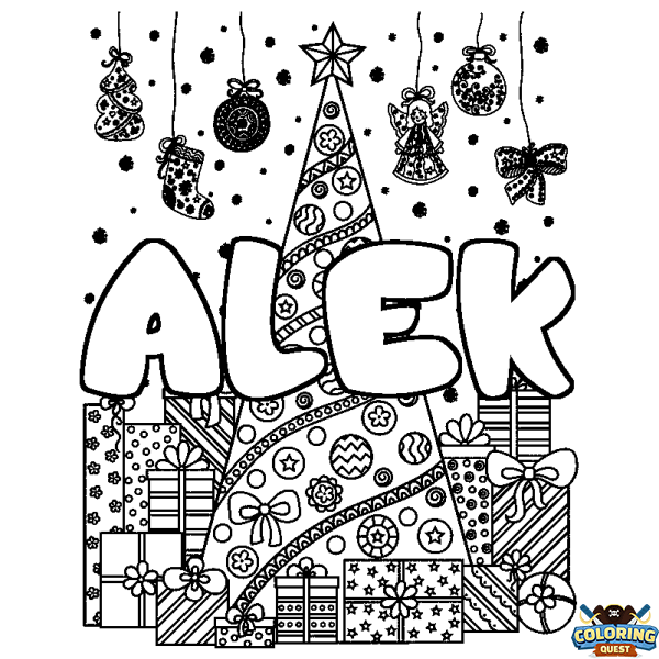 Coloring page first name ALEK - Christmas tree and presents background