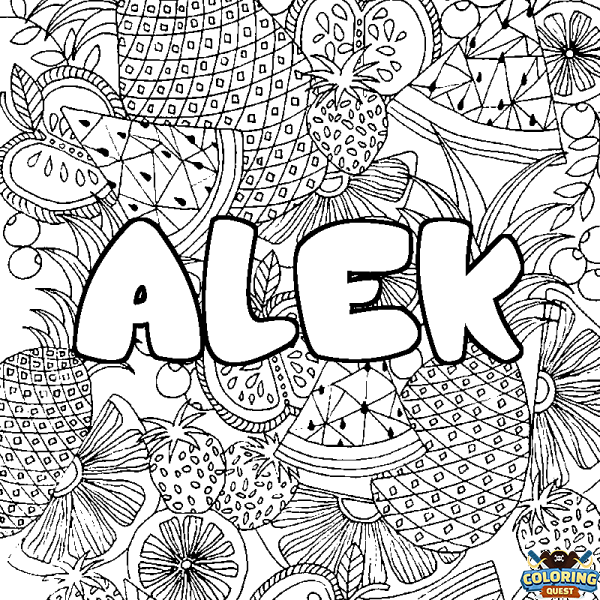 Coloring page first name ALEK - Fruits mandala background