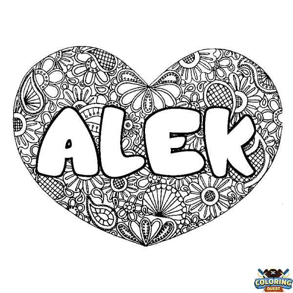 Coloring page first name ALEK - Heart mandala background