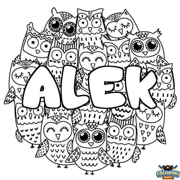 Coloring page first name ALEK - Owls background