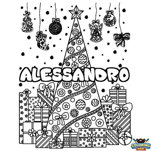 Coloring page first name ALESSANDRO - Christmas tree and presents background