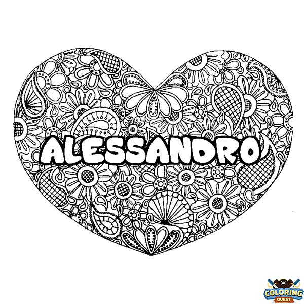 Coloring page first name ALESSANDRO - Heart mandala background