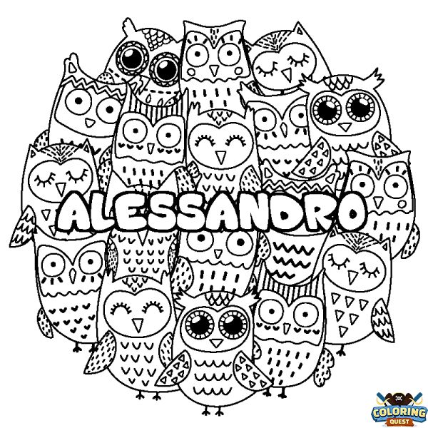 Coloring page first name ALESSANDRO - Owls background