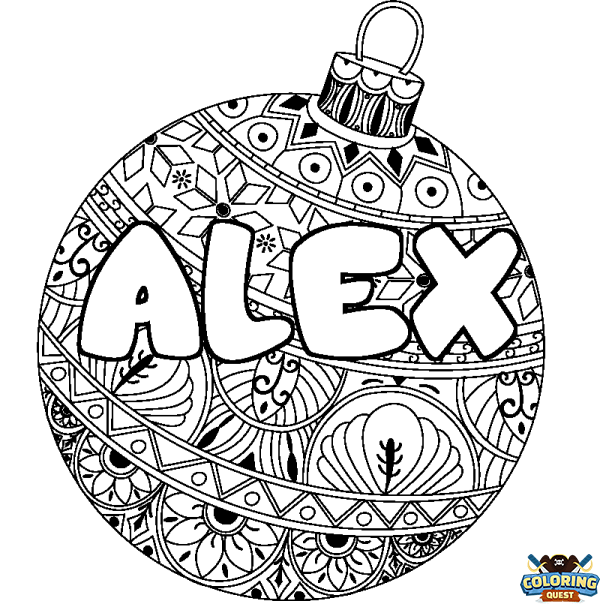 Coloring page first name ALEX - Christmas tree bulb background