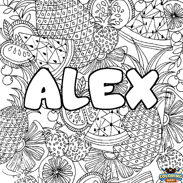 Coloring page first name ALEX - Fruits mandala background