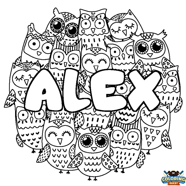 Coloring page first name ALEX - Owls background