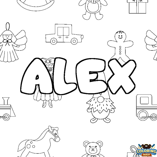 Coloring page first name ALEX - Toys background