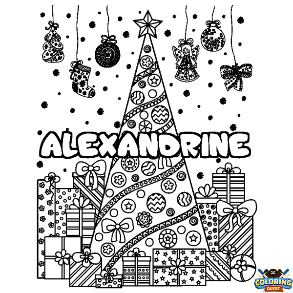 Coloring page first name ALEXANDRINE - Christmas tree and presents background