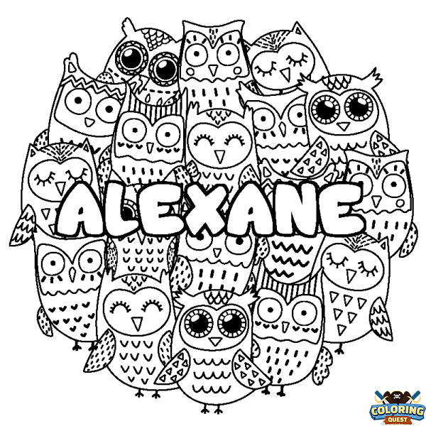 Coloring page first name ALEXANE - Owls background