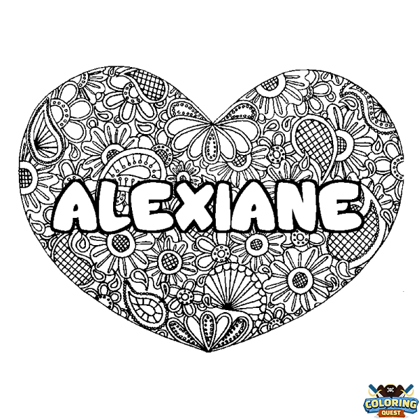 Coloring page first name ALEXIANE - Heart mandala background