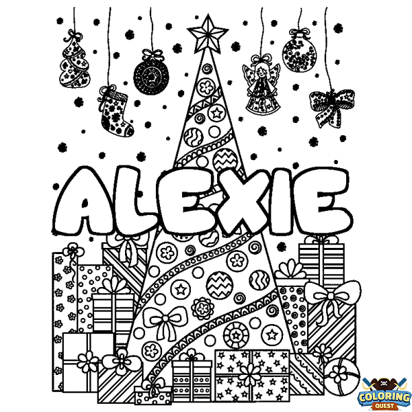 Coloring page first name ALEXIE - Christmas tree and presents background