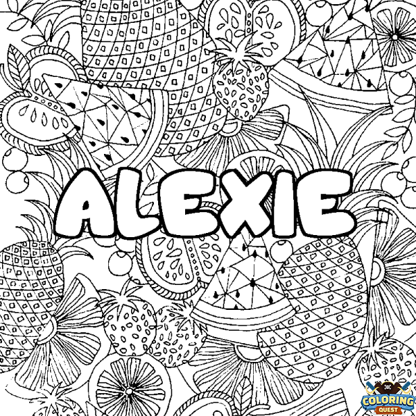 Coloring page first name ALEXIE - Fruits mandala background