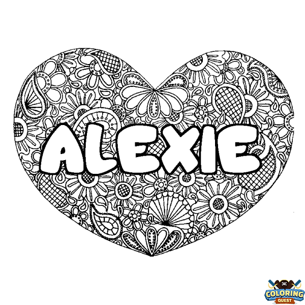 Coloring page first name ALEXIE - Heart mandala background