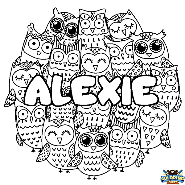 Coloring page first name ALEXIE - Owls background