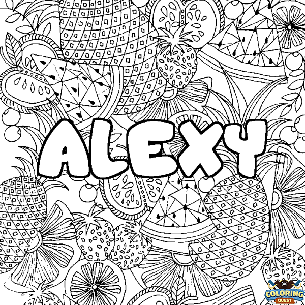 Coloring page first name ALEXY - Fruits mandala background