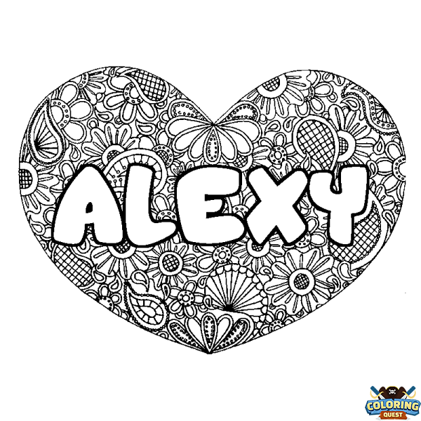 Coloring page first name ALEXY - Heart mandala background