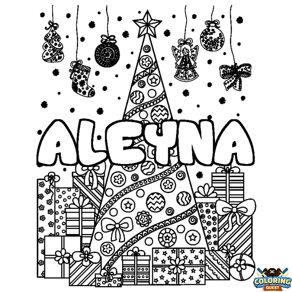 Coloring page first name ALEYNA - Christmas tree and presents background