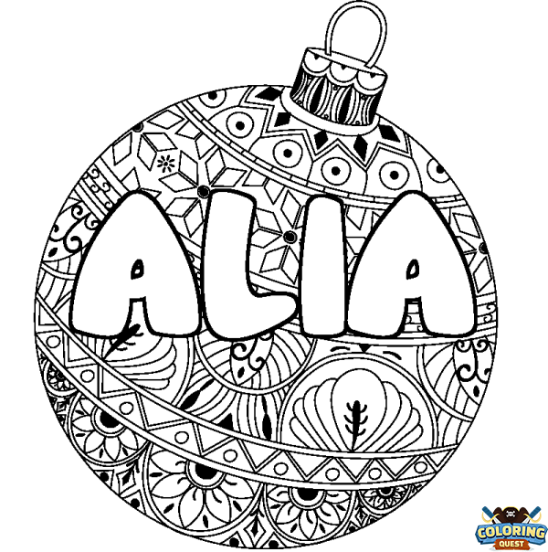 Coloring page first name ALIA - Christmas tree bulb background