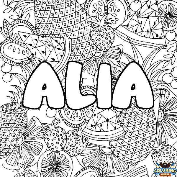 Coloring page first name ALIA - Fruits mandala background