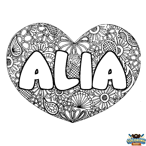 Coloring page first name ALIA - Heart mandala background