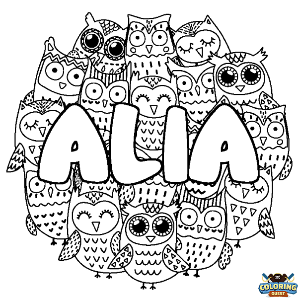 Coloring page first name ALIA - Owls background