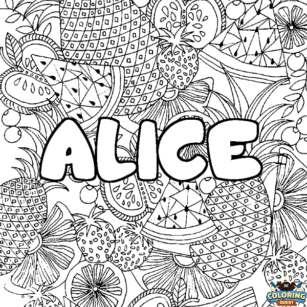 Coloring page first name ALICE - Fruits mandala background