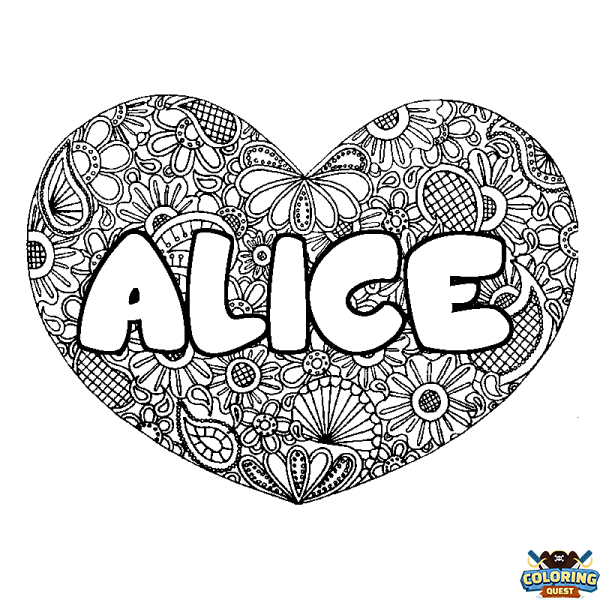 Coloring page first name ALICE - Heart mandala background