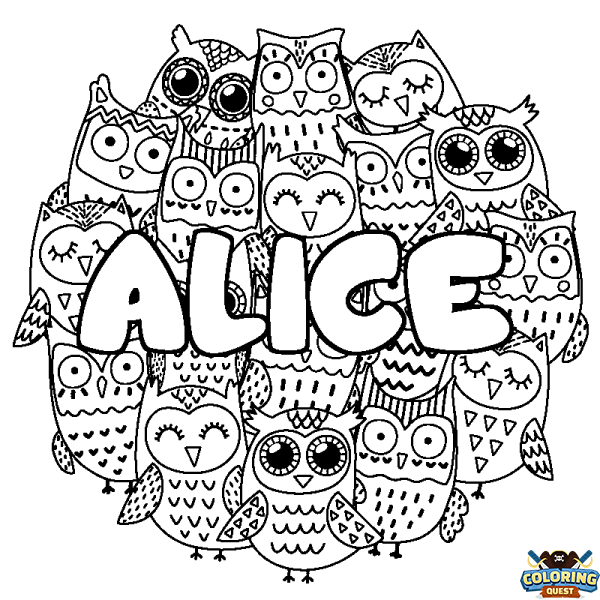 Coloring page first name ALICE - Owls background