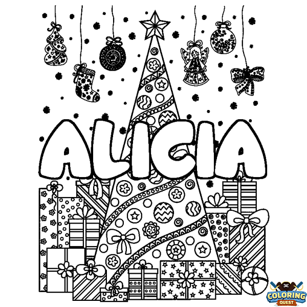 Coloring page first name ALICIA - Christmas tree and presents background