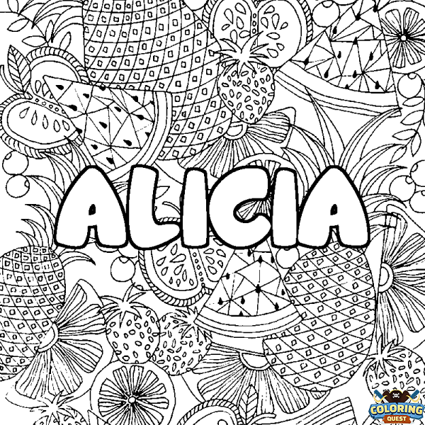 Coloring page first name ALICIA - Fruits mandala background