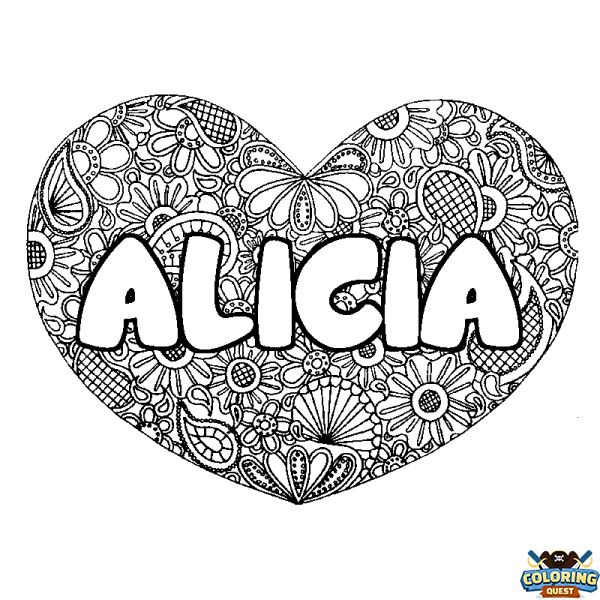 Coloring page first name ALICIA - Heart mandala background