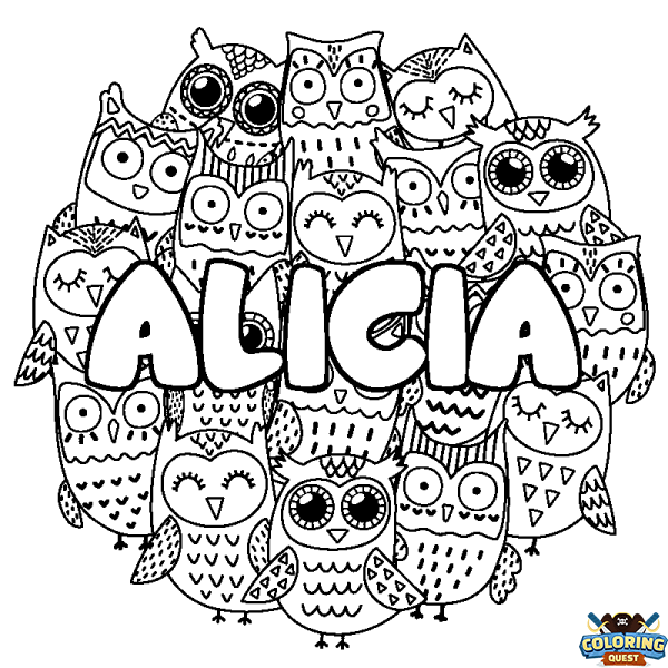 Coloring page first name ALICIA - Owls background