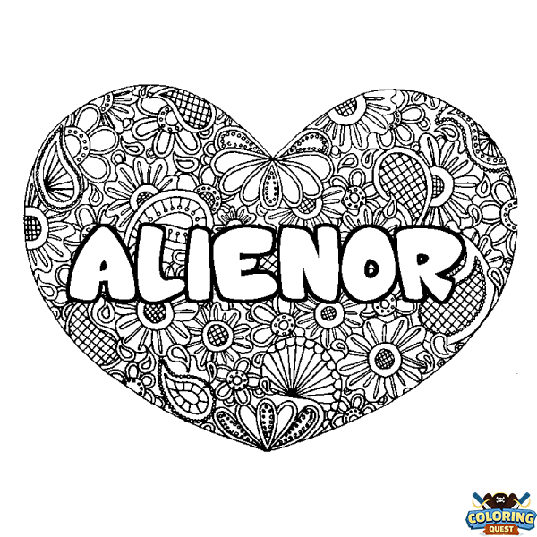 Coloring page first name ALIENOR - Heart mandala background