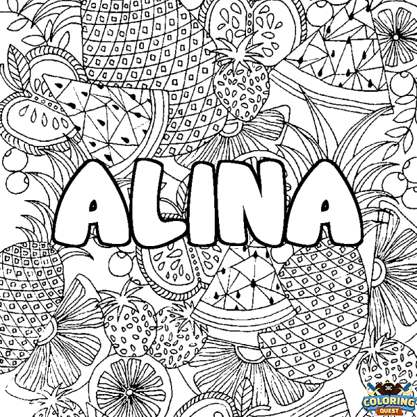 Coloring page first name ALINA - Fruits mandala background
