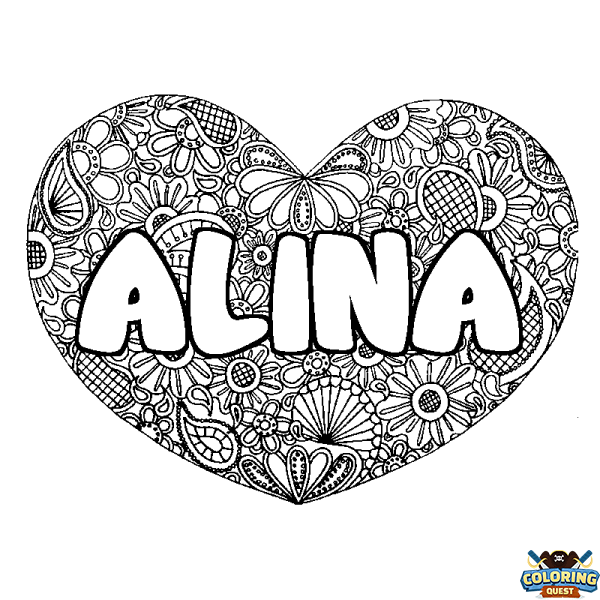 Coloring page first name ALINA - Heart mandala background